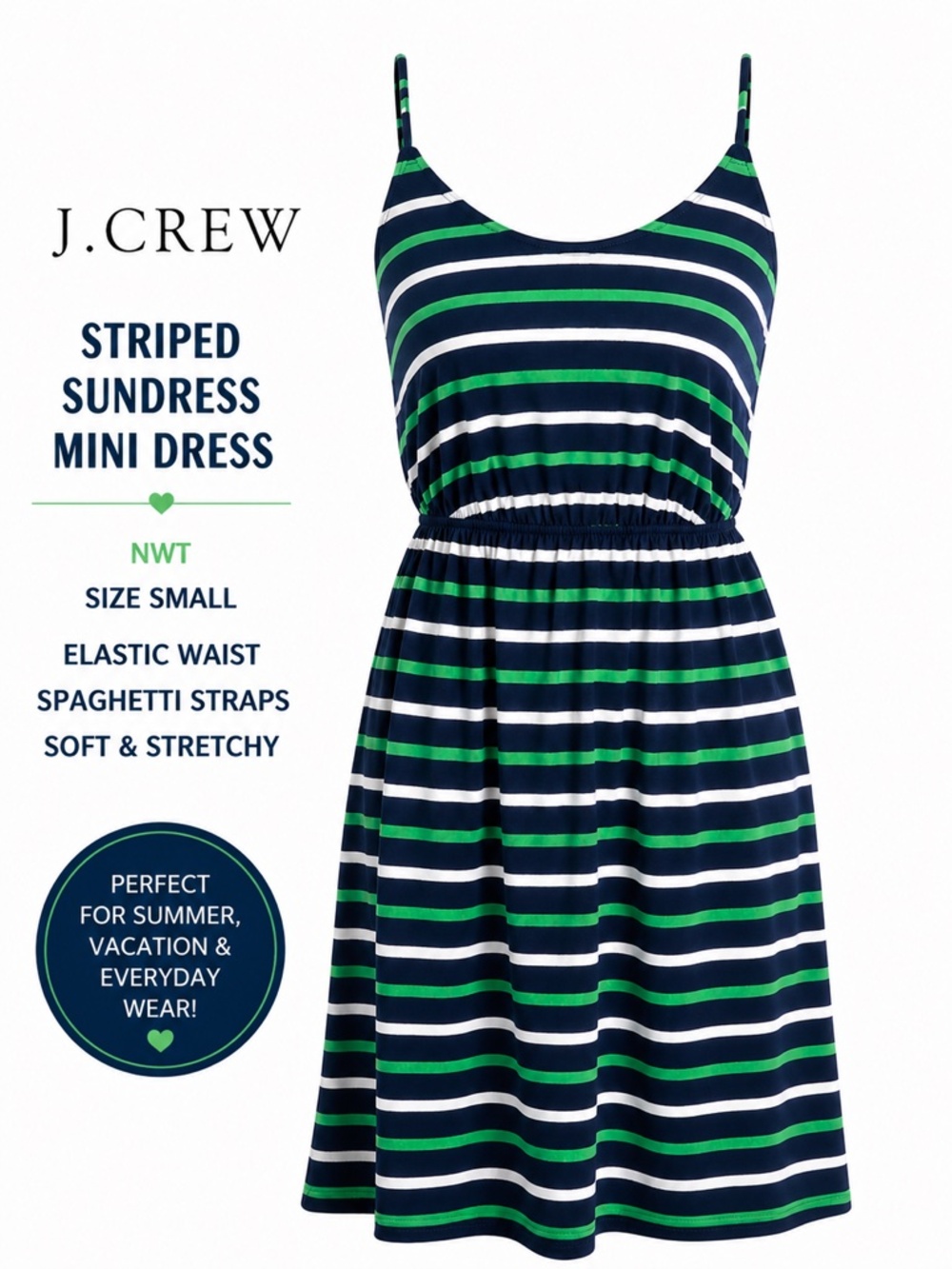 J.Crew NWT Striped Mini Sundress Small Navy Green Spaghetti Strap Dress